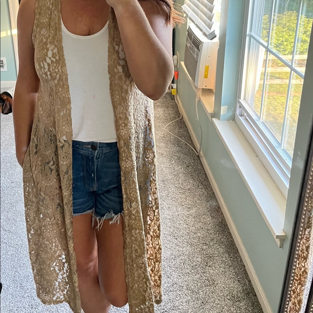 Lularoe long beige lace vest.